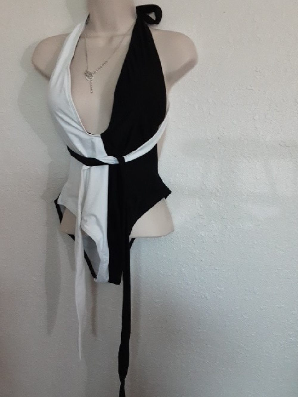 Black and White Halter One-Piece Swimsuit